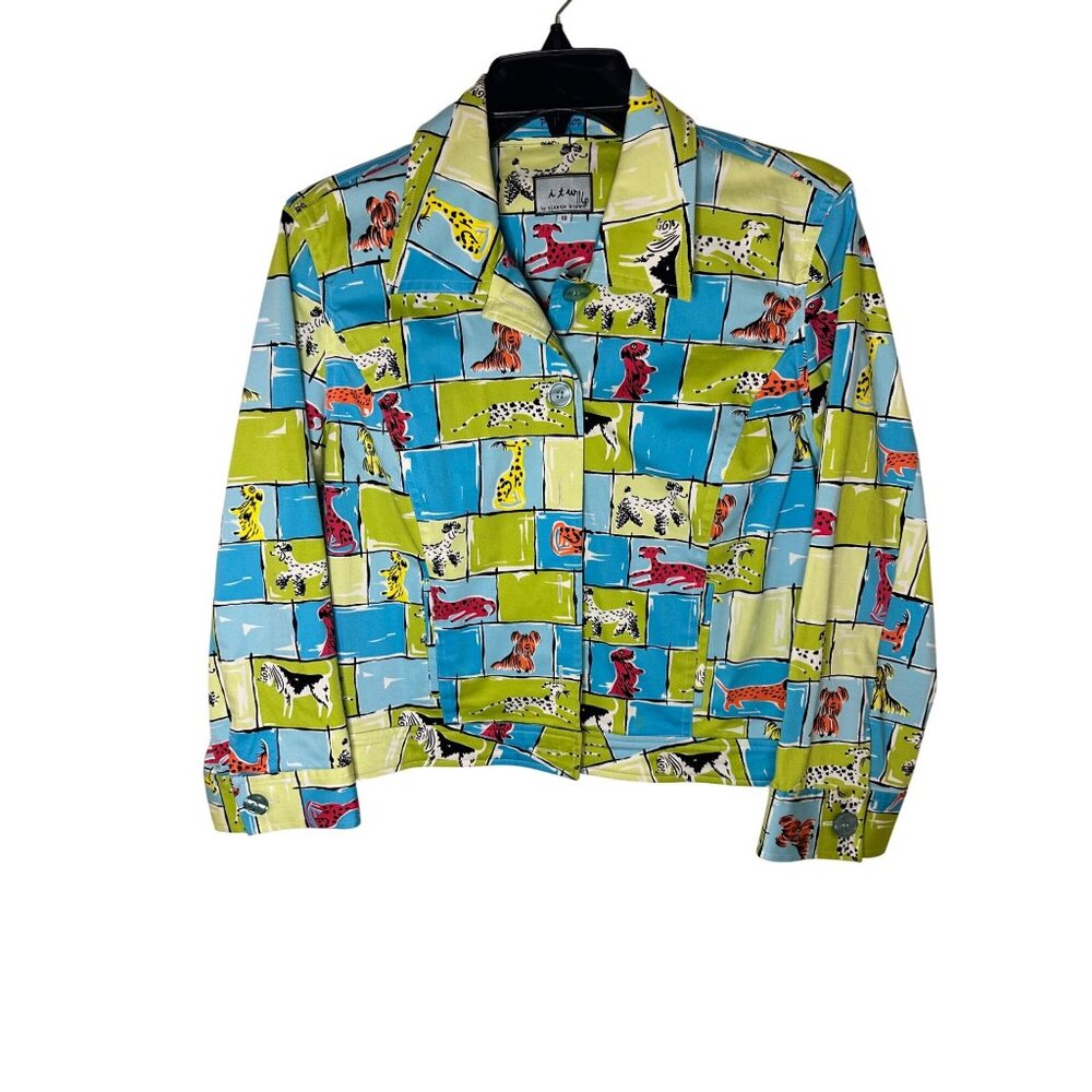 Vintage-Inspired Claude Blue Green Yorkie Dogs & Animal Print Jacket Size 10 EUC